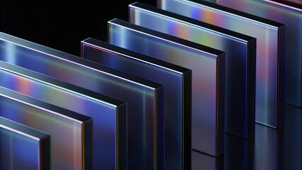 Staggered Prism Symphony – Iridescent Rectangular Panels, Reflective Gradient Geometry, Abstract Motion Array on Black