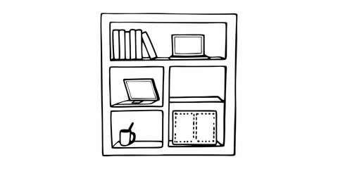 Illustration of a bookshelf with books, laptops, a mug, and a notebook in a simple line drawing