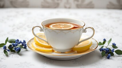 Fototapeta premium Earl Grey tea in a fine china cup with steam rising and lemon slices on a saucer, Victorian-style setting