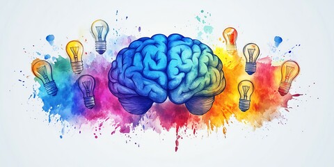 Creative concept of pastel blue linear human brain surrounded by light bulbs and rainbow watercolor sprays
