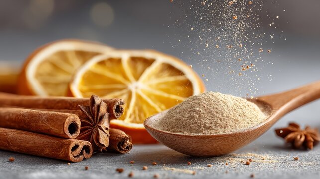 A wooden spoon filled with ground spice dust, surrounded by cinnamon sticks, star anise, and dried orange slices on a gray surface.