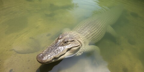 Fototapeta premium Alligator swimming in murky water with its head above the surface and body submerged in the water