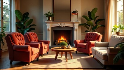A cozy living room interior scene with a fireplace and plush furniture.