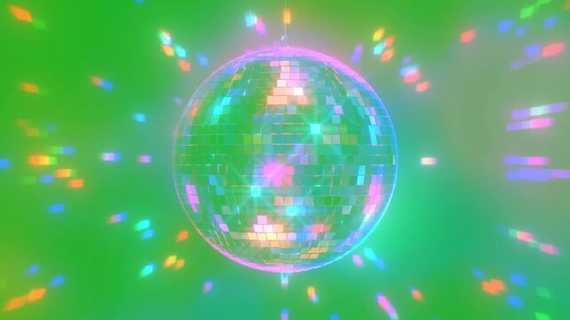Colorful disco ball revolving and ejecting light flares in all directions on green screen