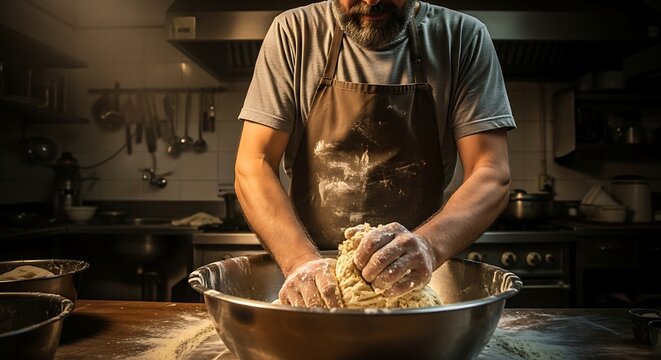Craftsman shaping the dough, a culinary expert in a kitchen environment preparing bread