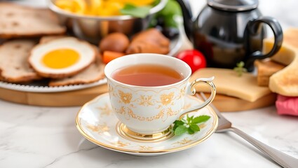 English Breakfast tea in a traditional cup and saucer, full English breakfast in the background