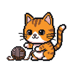 Pixel Art Orange Tabby Cat Playing with Yarn.