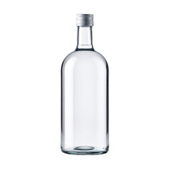 A clear, empty glass bottle with a metal screw cap on a transparent background, perfect for various liquid products.