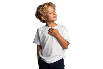 Handsome young boy relaxes with his eyes closed, smiling peacefully, isolated on transparent background