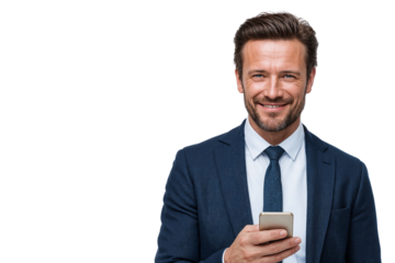 Smiling Executive manager holding a smartphone, looking confident and professional, isolated on transparent background