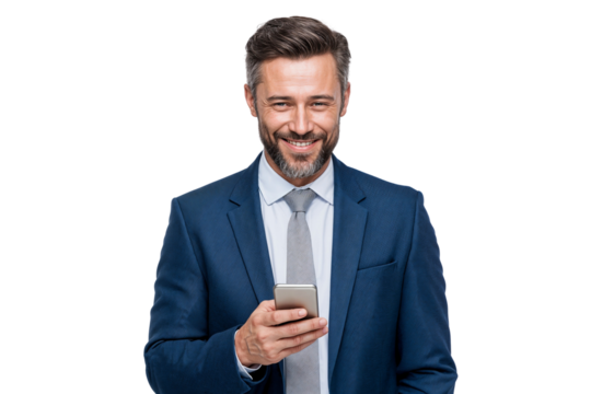 Businessman with a mobile phone, ready for meeting or presentation, isolated on transparent background
