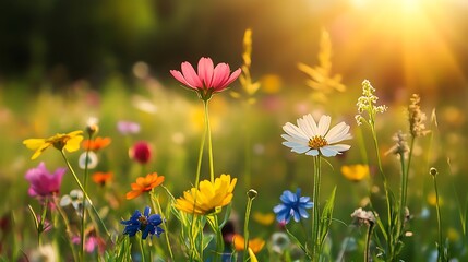 Fototapeta premium Summer meadow filled with blooming flowers vibrant nature landscape in sunlight
