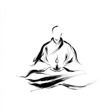 monk meditating with candle, black ink clip art preview