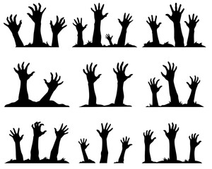 Set of nine spooky silhouettes of zombie Halloween arms rising from the ground
