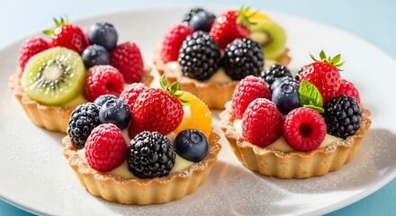 Delicious Assortment of Fruit Tarts on a White Plate, Perfect for Dessert and Parties