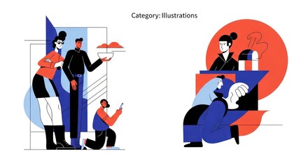 People interacting with food and technology in a modern illustration