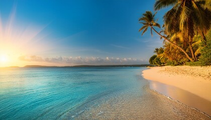 Fototapeta premium tropical beach with palm trees and calm turquoise waters at sunrise