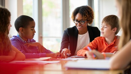 Teacher Working with Elementary School Students at Table