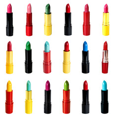 Varities colorful PNG lipstick set in black, red and yellow tube on a transparent background. Perfect beauty accessories for fashion.