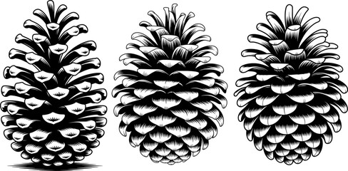 Black and white woodcut pinecone illustration with layered scales, tapered shape, and ornamental details on a clean white background