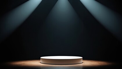 Empty Round White Podium Illuminated By Spotlights. 7