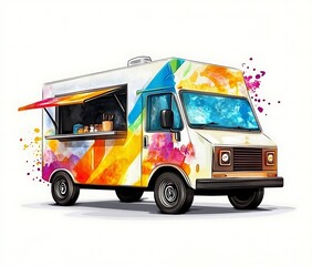 Fototapeta premium Colorful Food Truck with Artistic Graffiti Style Paint and Open Serving Window on White Background