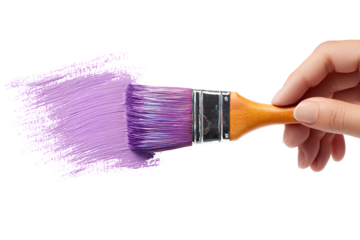  A hand holding a paintbrush, creating a purple brushstroke on a white background