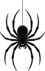 Hanging Black Spider with Red Eyes on Transparent Background - Halloween Arachnid Illustration