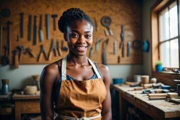 Portrait of a smiling african american woman carpenter in a workshop with tools