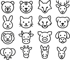 Fototapeta premium Minimal Animal Face Line Icons Set – Cute Cartoon Wildlife Vector Outline Collection