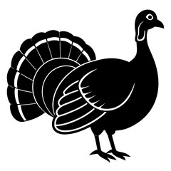 Stylized black silhouette of a turkey with fan tail isolated on white background