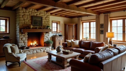 Cozy living room with stone fireplace and leather sofa.