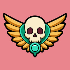 Stylized cartoon skull with golden wings and teal gemstone emblem isolated on white background