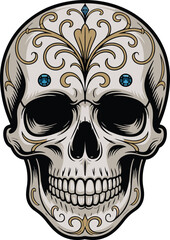 Ornate Sugar Skull Vector Illustration with Floral Details on Transparent Background