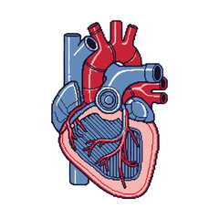 Pixel art illustration of an anatomical human heart with arteries and veins.
