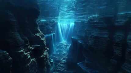 Underwater canyon with cascading blue layers creating a liquid avalanche visible through sonar-like ripples.