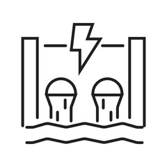 Outline icon showing electricity output from a hydropower plant with editable stroke.