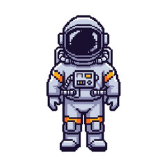 Detailed pixel art astronaut in grey and orange spacesuit.