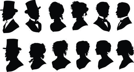 Victorian silhouette portraits, vintage man and woman profiles, 1800s shadow art, historical side view clipart, antique couple outline illustrations