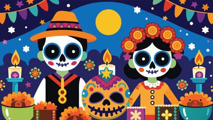 Colorful sugar skulls and flowers celebrate life
