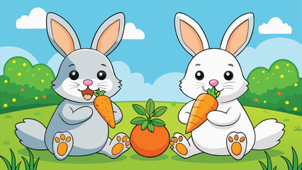 Fototapeta premium Cute bunnies enjoying carrots in a sunny field