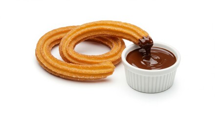 Spanish churros loop with dipping chocolate isolated on a white background for bakery and snack photography