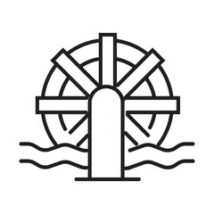 Outline icon of classic paddle-style water wheel used to harness hydropower with editable stroke.