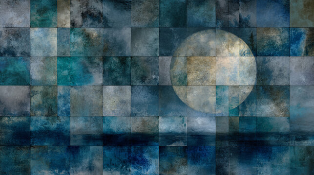 An abstract digital artwork displays a soft, glowing moon against a textured background of blue and grey squares