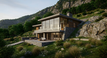Architectural marvel modern mountain home blending seamlessly into nature's beauty