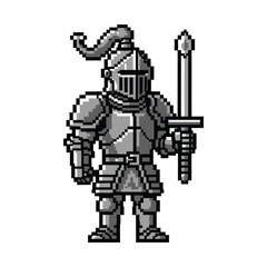 Pixel Art Medieval Knight in Full Armor with Sword.