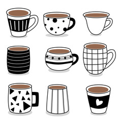Hand drawn of hot and cold beverage with cute doodle drinks set. Collection of espresso, americano, cappuccino, coffee, chocolate and other types.