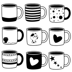 Various cold and hot doodle drinks set. Collection of espresso, americano, cappuccino, chocolate and other types of beverages.