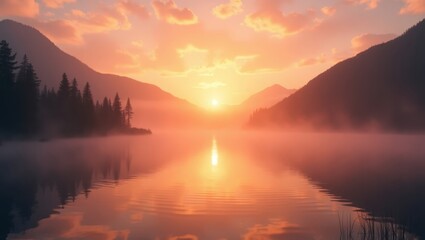 Obraz premium Sunrise over a tranquil mountain lake shrouded in mist.