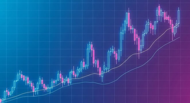 Financial market analysis with candlestick chart, stock exchange data and investment trend